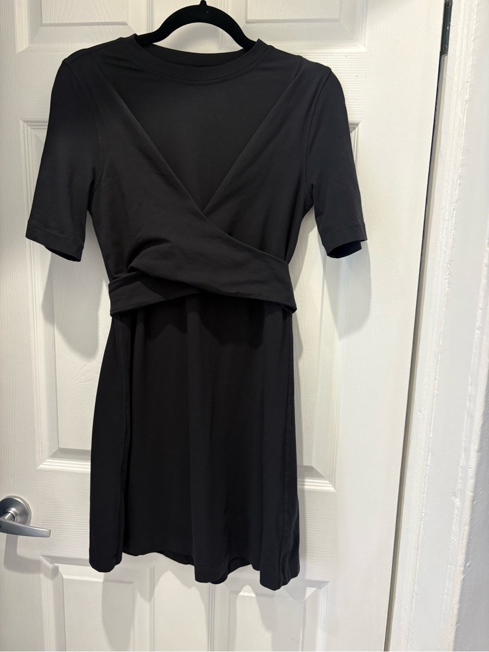 Lululemon Wrap Dress Black Pima Cotton Tie Back Stretch A-Line Dress Size 10 Est - Picture 3 of 6